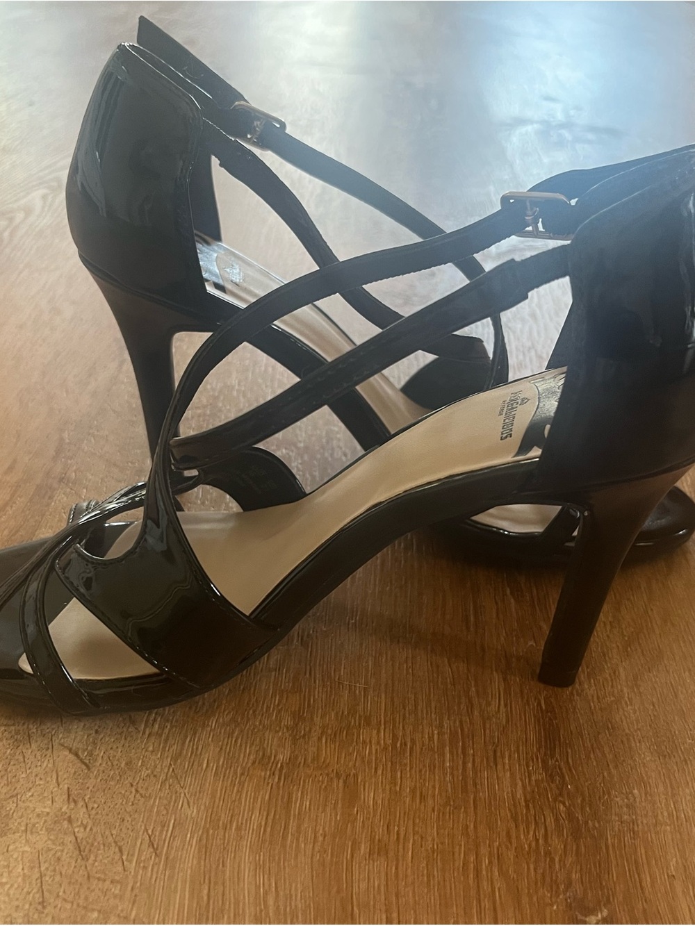 Fergalicious Black Patent Cross-Strap Stiletto Sandals